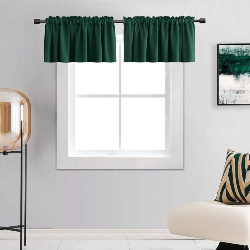 DONREN Christmas Green 12 Inch Length Blackout Window Valances for Loft - Hunter Green Kitchen Valances with Rod Pocket (42 x 12 Inches Long, Pack of 2) - Image 1